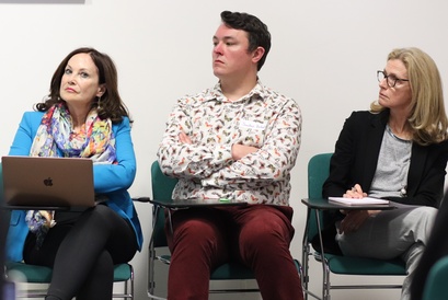 The panel for Global Cambridge &amp; Refuge. From left to right: Dr Marissa Quie (University of Cambridge), Jonathan Birtwell (King's College London), Renata Schaeffer (Public International Partnerships). 
