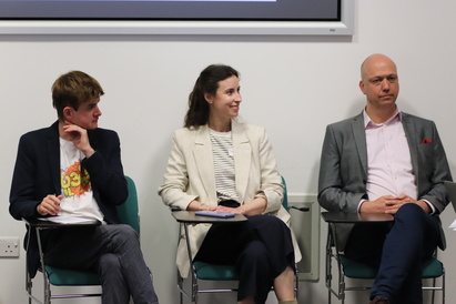 The panel for mental health &amp;. education initiatives in South Asia. From left to right: Charlie Artingstoll (Sin Bar Bar), Joanna Barnard (Prospect Burma), Steve King (Cambridge Partnership for Education). 