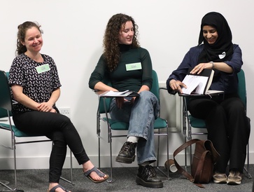 Part of the panel for medical and legal partnerships for the care of displaced persons in the UK. From left to right, the figures are Ilana Mira Sluckin and Rebecca Philipps from Patients Not Passports, and Syira Ahsan from GP Outreach. 