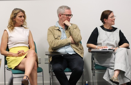 The panel for citizens, borders, and displacement in Classics and Philosophy. From left to right: Anastasia Christophilopoulou (Faculty of Classics), Tim Whitmarsh (Faculty of Classics), Sarah Fine (Department of Philosophy).
